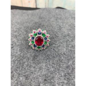 Statement Ring Size 9: Red, Blue, Green, Pink and Clear on SIlver   Silver, Glas